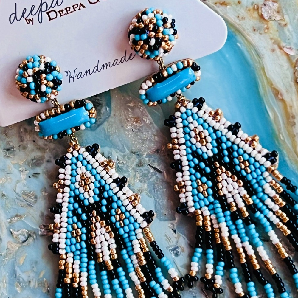 NWT Deepa Gurnani Turquoise Beaded Fringe Chandeliers - Picture 6 of 13